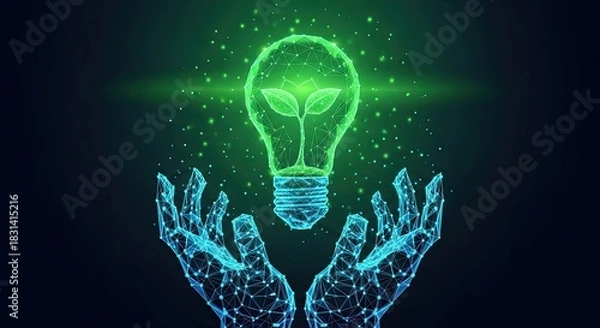 Obraz Digital hands supporting glowing green eco lightbulb with plant inside, sustainable