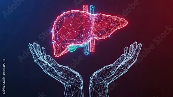 Obraz Digital polygonal liver in glowing hands, advanced medical care technology