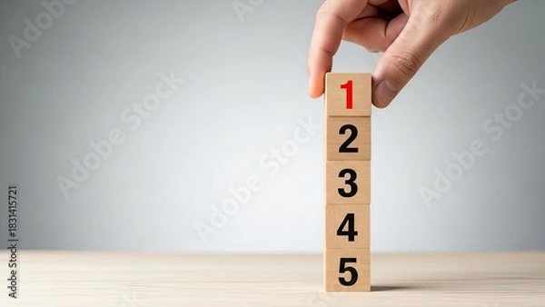Obraz Hand placing number 1 block on top of stacked numbered wooden blocks concept