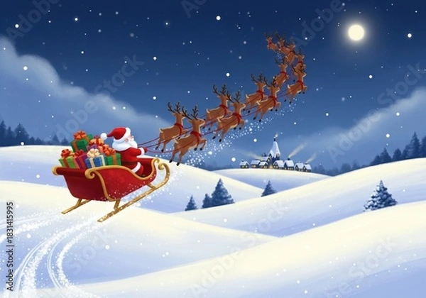 Obraz Holiday frame with Christmas tree branches, gold ornaments, a feather, and draped satin fabric around a white oval space.