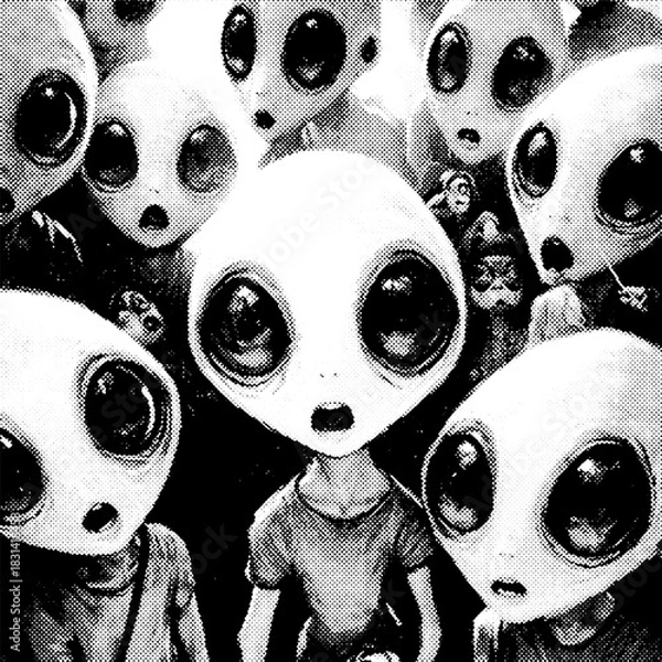 Fototapeta Creepy alien crowd illustration, black and white surreal extraterrestrial faces, horror sci-fi art, high contrast, eerie group portrait