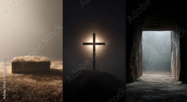 Fototapeta Triptih of an empty manger, a christian cross and an open tomb.
