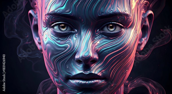 Fototapeta Striking futuristic portrait with fluid metallic textures and glowing eyes, an otherworldly aesthetic perfect for sci-fi, technology, and creative design projects