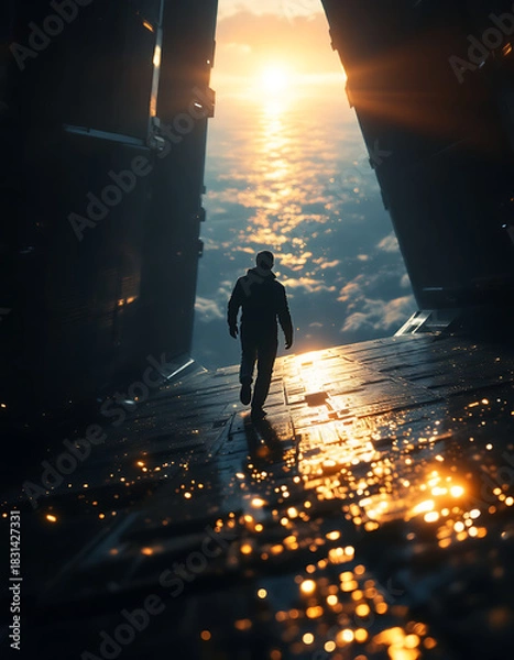 Fototapeta Man walking toward a bright future, futuristic gateway to new possibilities, striving for success, conceptual ambition, overcoming challenges, hope and inspiration