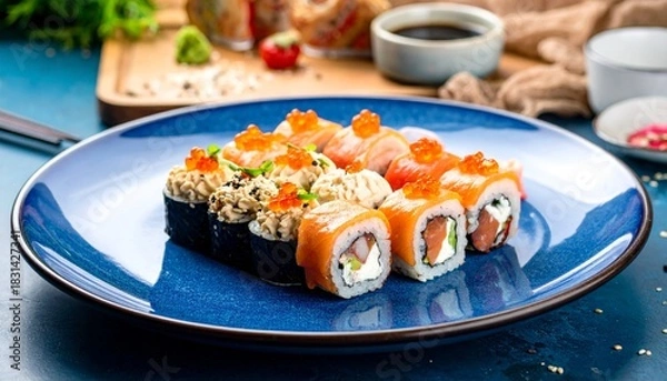 Obraz Close-up of sushi rolls on a blue plate, featuring varied toppings and salmon