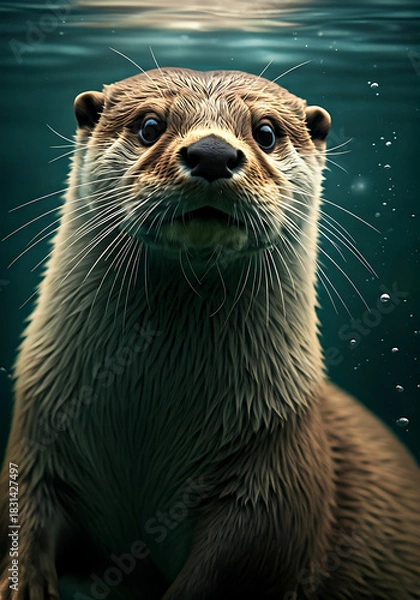Fototapeta Adorable otter swimming playfully in clear water, its curious eyes and sleek fur captivating, ideal for conservation, wildlife or animal themed projects