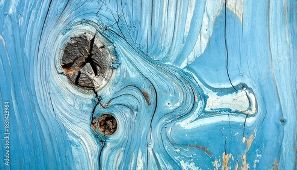 Fototapeta Close-up of weathered, painted wood with knots and a textured, abstract, blue surface