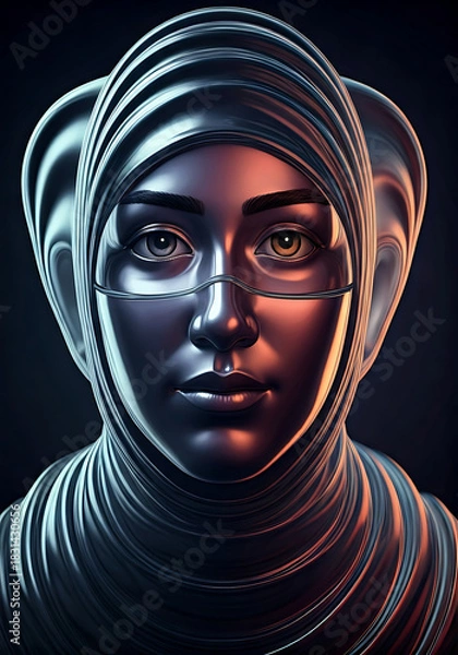 Fototapeta Futuristic woman with metallic skin and mesmerizing eyes, a symbol of innovation and technology, perfect for sci-fi projects and cutting-edge designs