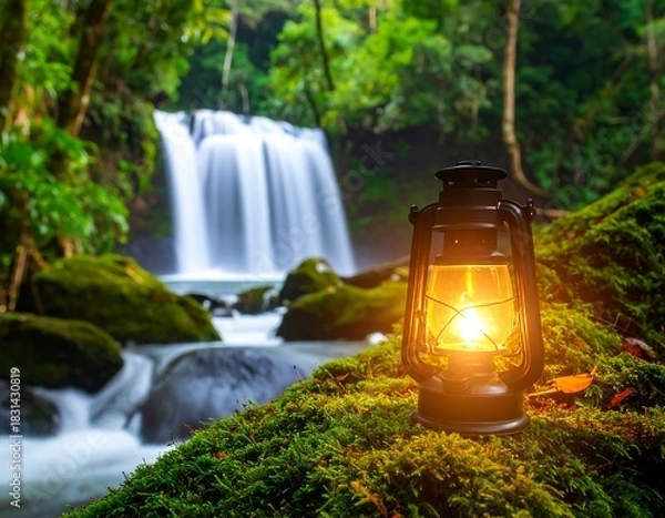 Obraz Illuminated lantern on mossy surface with blurred waterfall backdrop