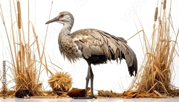 Fototapeta Crane bird standing among reeds with white background.