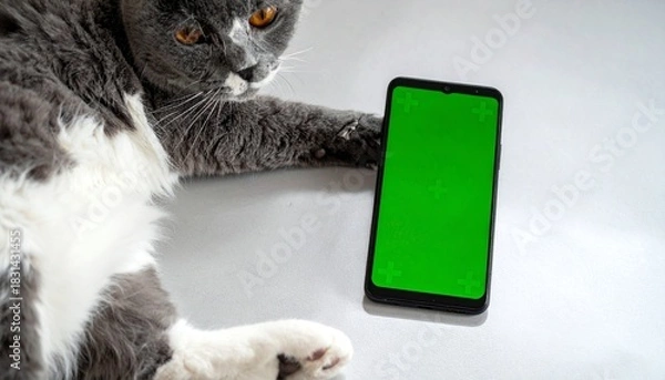 Fototapeta Cat with smartphone and green screen.