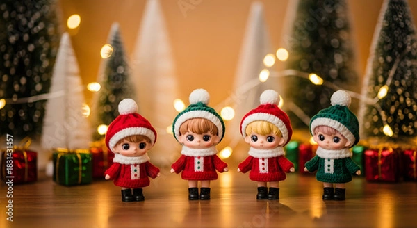 Fototapeta Four adorable Christmas dolls in red and green hats stand in a festive scene.