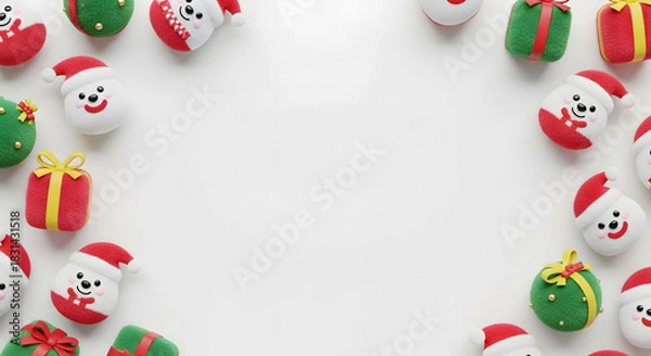 Fototapeta Festive Christmas Frame with Santa Faces and Gifts on White Background. 3D Render