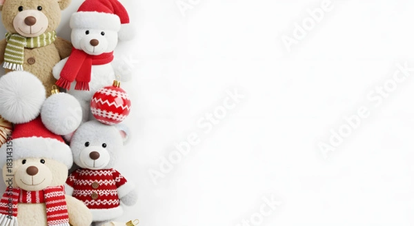 Fototapeta Festive Christmas Teddy Bears with Ornaments on White Background with Copy Space