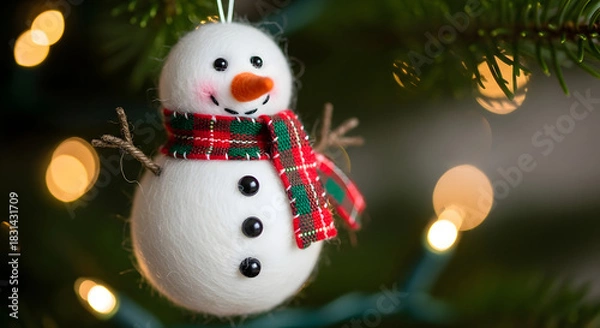 Fototapeta Festive Snowman Ornament Hanging on Christmas Tree with Bokeh Lights