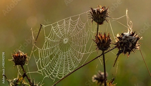 Fototapeta Dewcovered spider web on dried thistle.