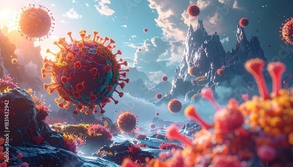 Fototapeta Fantasy Coronavirus Landscape with virus particles.