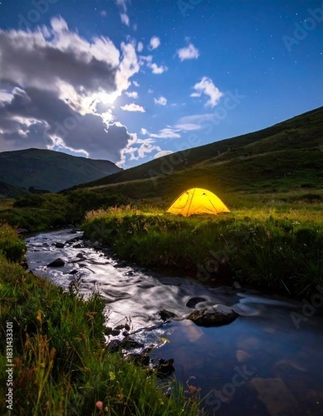 Obraz Illuminated tent by stream under starry sky