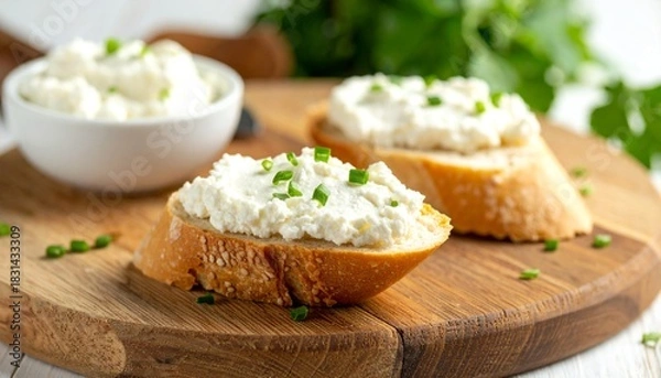 Obraz Creamy cheese on bread with herbs.