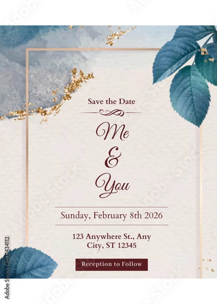 Obraz Rustic wedding card with leaves and branches vector. Wedding invitation in watercolor style. Design card template for wedding, birthday, party, celebration, birthday. Save the date, greeting card