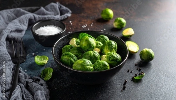 Fototapeta Fresh, raw Brussels sprouts arranged in a black bowl with a side of salt