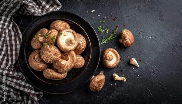 Fototapeta Freshly harvested shiitake mushrooms in a bowl, with herbs and seasoning, on a dark textured surface