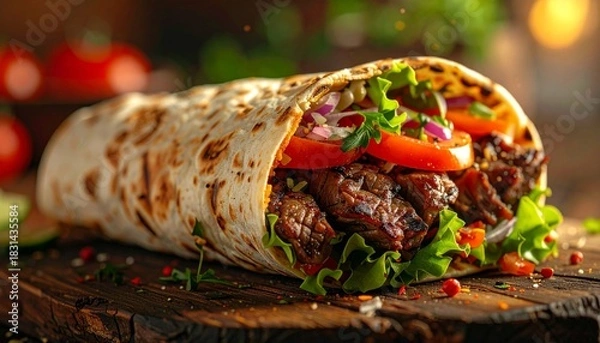 Obraz Delicious kebab wrap with vegetables.