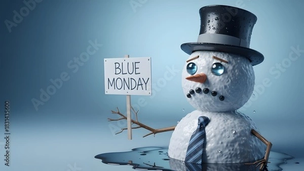 Fototapeta Melting snowman expresses sadness with a plea for help sign