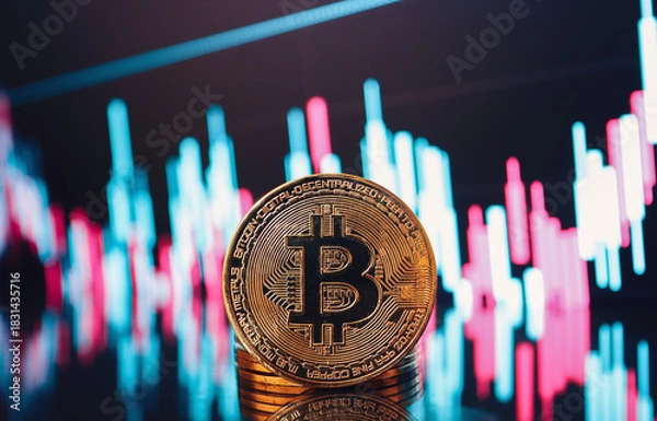 Fototapeta Gold Bitcoin Coin in Front of Cryptocurrency Market Chart Shiny Bitcoin Token with Digital Trading Graph Background