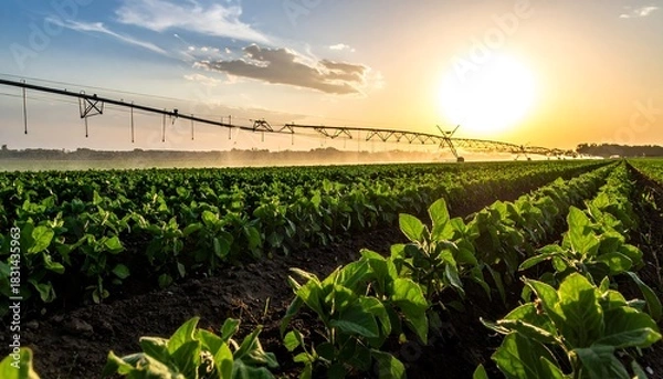 Obraz Irrigation system over green crops at sunset