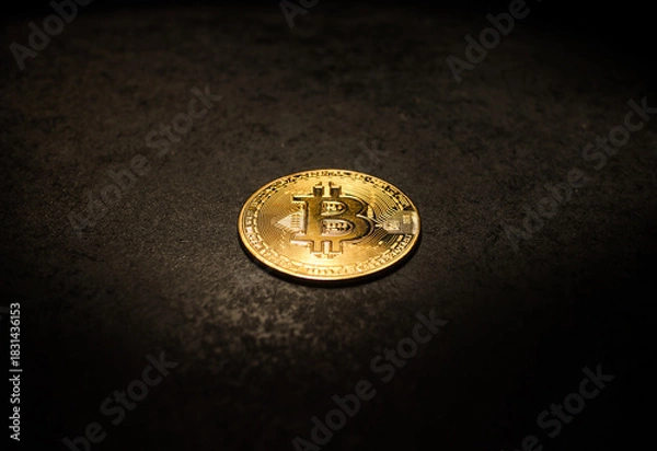 Fototapeta Single Gold Bitcoin Coin on Dark Textured Surface Shiny Bitcoin Token Lying on Rough Black Background