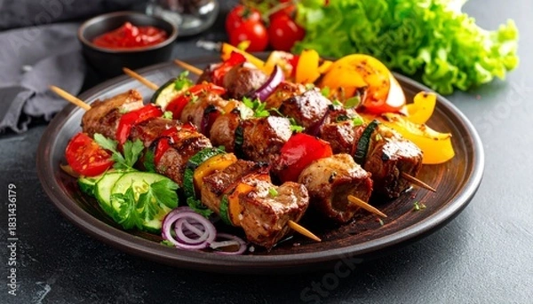 Fototapeta Grilled kebabs with meat and vegetables served on a plate with garnishes