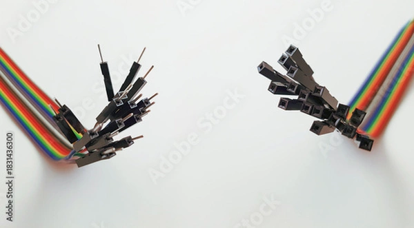 Fototapeta Two Sets of Rainbow Ribbon Cables with Electronic Pins Isolated Opposing Jumper Wire Connectors Facing Each Other on White Background