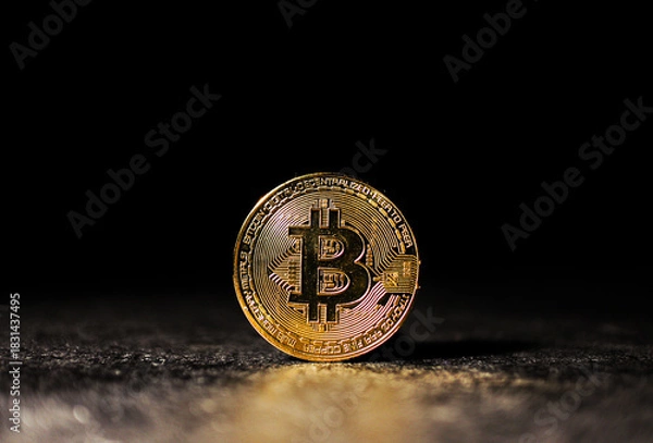 Fototapeta Single Gold Bitcoin Coin Standing on Dark Textured Surface Shiny Bitcoin Token Illuminated Against Black Background