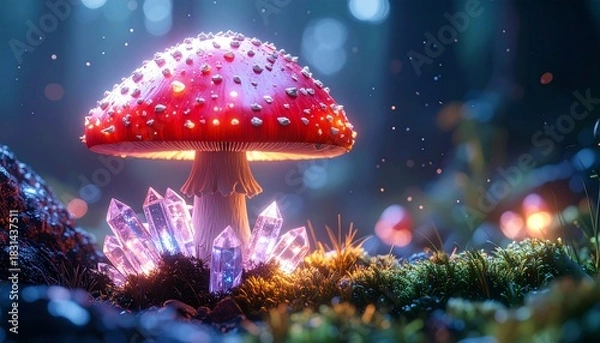 Obraz Fantasy red mushroom with crystals in forest.