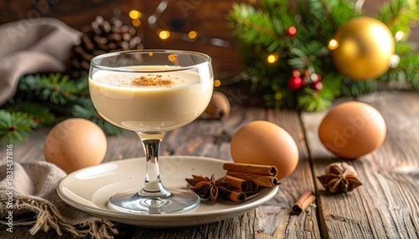Obraz Festive glass filled with creamy drink, sprinkled with spice, surrounded by holiday d?cor