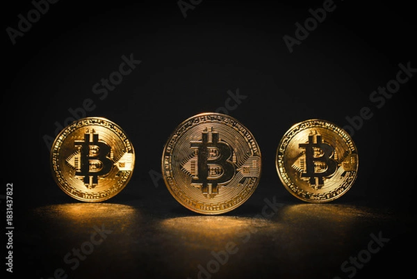 Fototapeta Three Gold Bitcoin Coins Standing Under Dramatic Lighting Row of Shiny Bitcoin Tokens on Dark Background