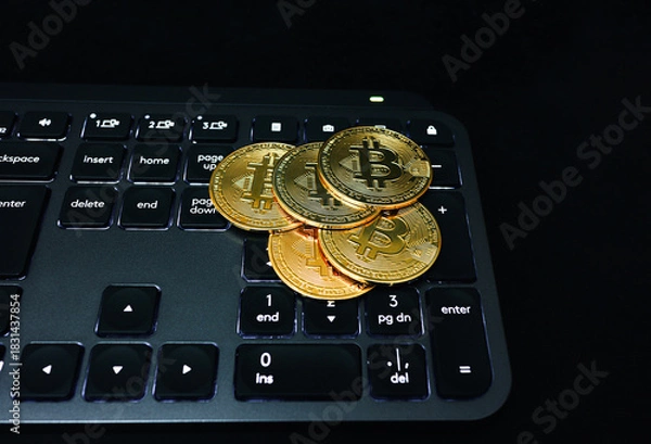 Fototapeta Gold Bitcoin Coins on Computer Keyboard in Dark Setting Stack of Cryptocurrency Coins Placed on Laptop Keyboard