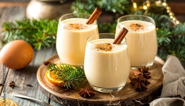 Obraz Festive glasses filled with creamy beverage, garnished with cinnamon sticks and nutmeg