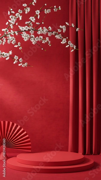 Fototapeta White blossoms over a red fan with deep red pleated curtains and red stage. Lunar New Year Celebration & Oriental Aesthetic