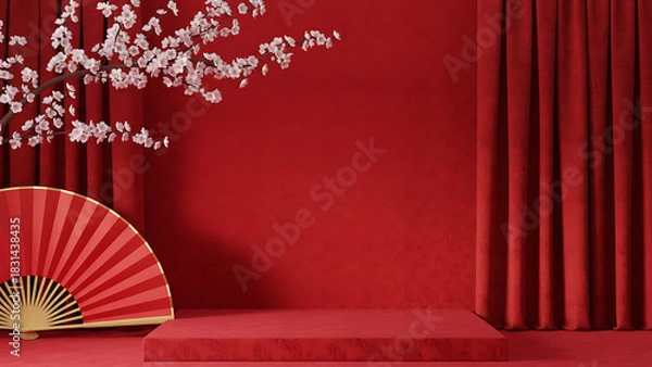 Obraz White blossoms over a red fan with deep red pleated curtains and red stage. Lunar New Year Celebration & Oriental Aesthetic
