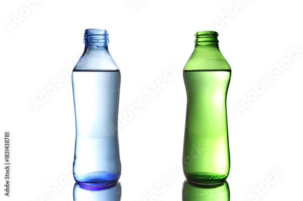 Fototapeta Blue and Green Soda Bottles on White Background Two Carbonated Drink Bottles Filled with Soda Isolated