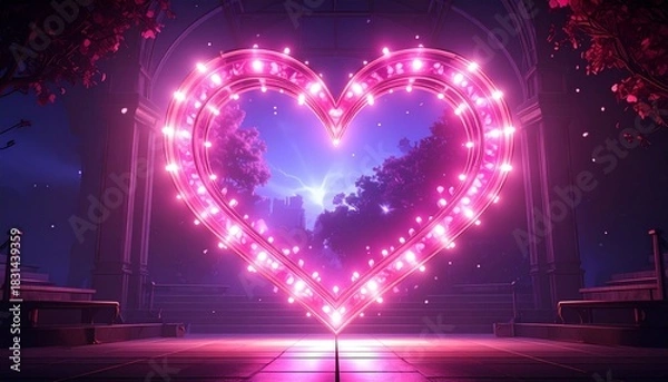 Fototapeta Glowing heart with lights on arch.