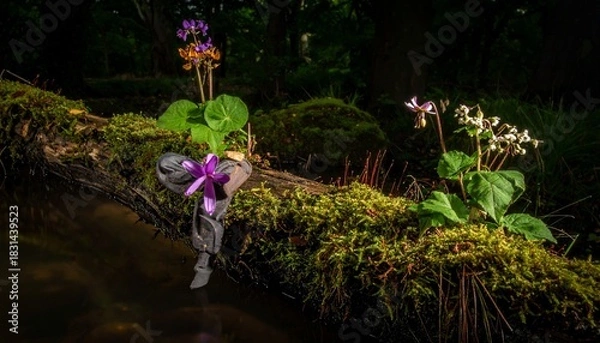 Fototapeta Lush forest scene. Blooms and greenery adorn a moss-covered log across a serene stream