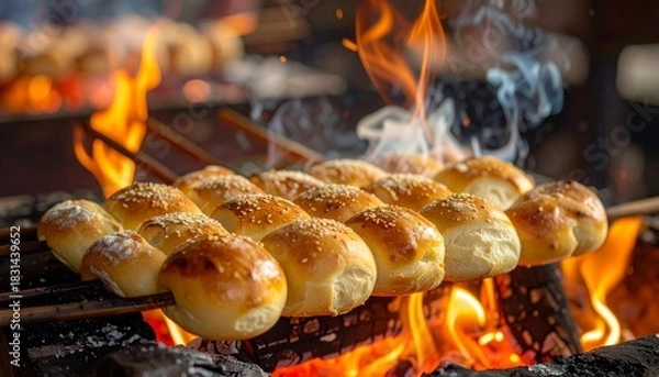 Obraz Grilled bread rolls on skewers over fire.