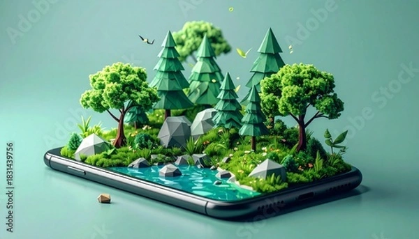 Obraz Forest ecosystem on smartphone with 3D render.