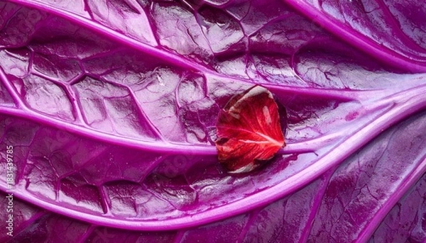 Fototapeta Macro shot of a vibrant purple cabbage leaf with water droplet reflecting red. Detailed textures