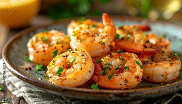 Obraz Grilled shrimp dish on plate.