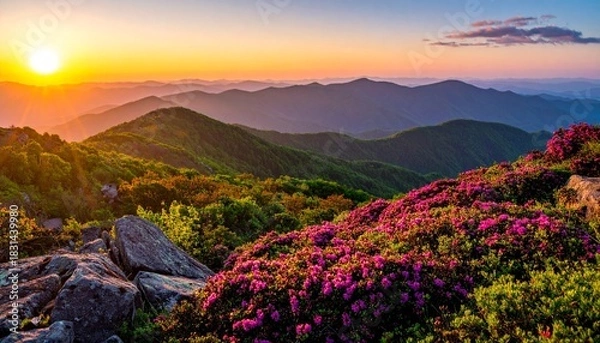 Fototapeta Majestic sunset illuminates rolling mountain range with vibrant pink flowers in the foreground