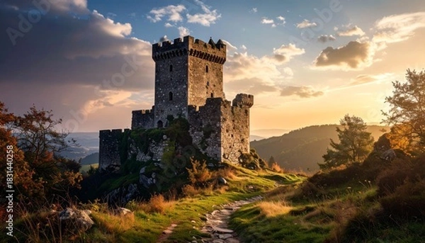 Obraz Medieval castle ruins at sunset.